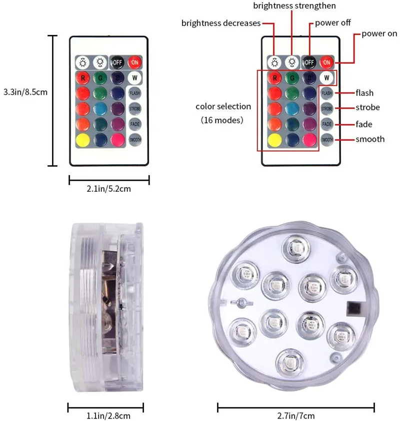 Lampu LED dapat ditenggelamkan dengan Remote lampu kolam bawah air IP68 cangkir hisap 10 lampu LED terang RGB untuk kolam/kolam/akuarium