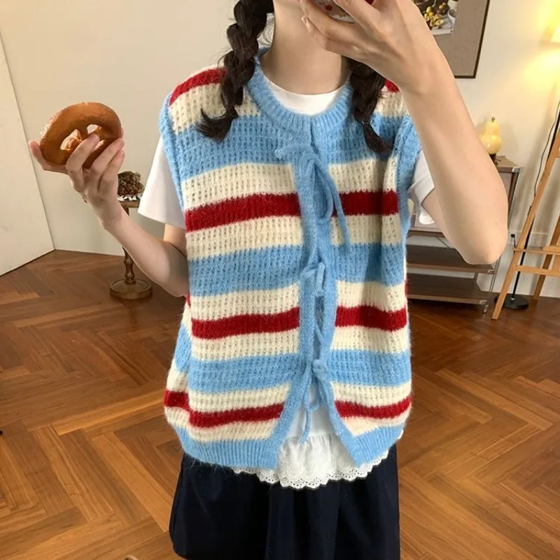 

O-neck Sweet Contrast Color Striped Knitted Vest Women 2025 Autumn New Japanese Lace-up Loose Casual Sleeveless Cardigan