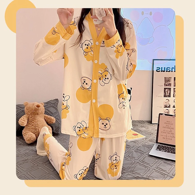 2024 Spring and Autumn Milk Silk Pajamas Women Cardigan V-Neck Long Sleeve Long Pants Thin Section Polka Dot Printed Homewear Se