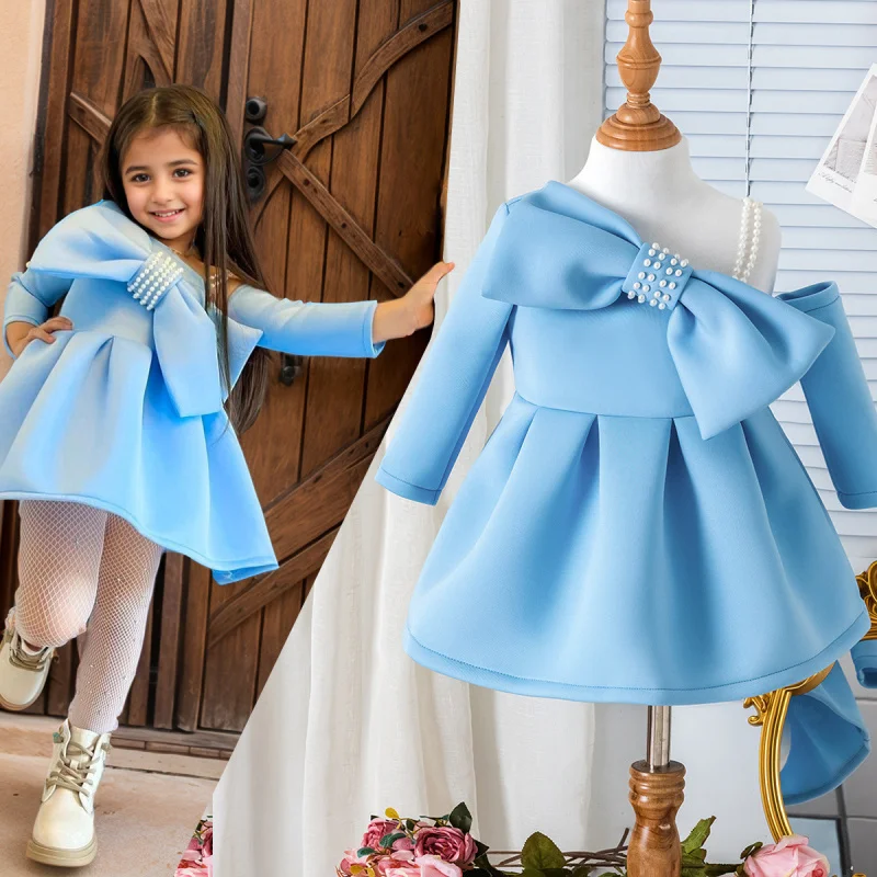 

2025New Spring and Autumn Girls' Outfit Set for Young Children with Pearl Bow Strap Long Sleeve Dress