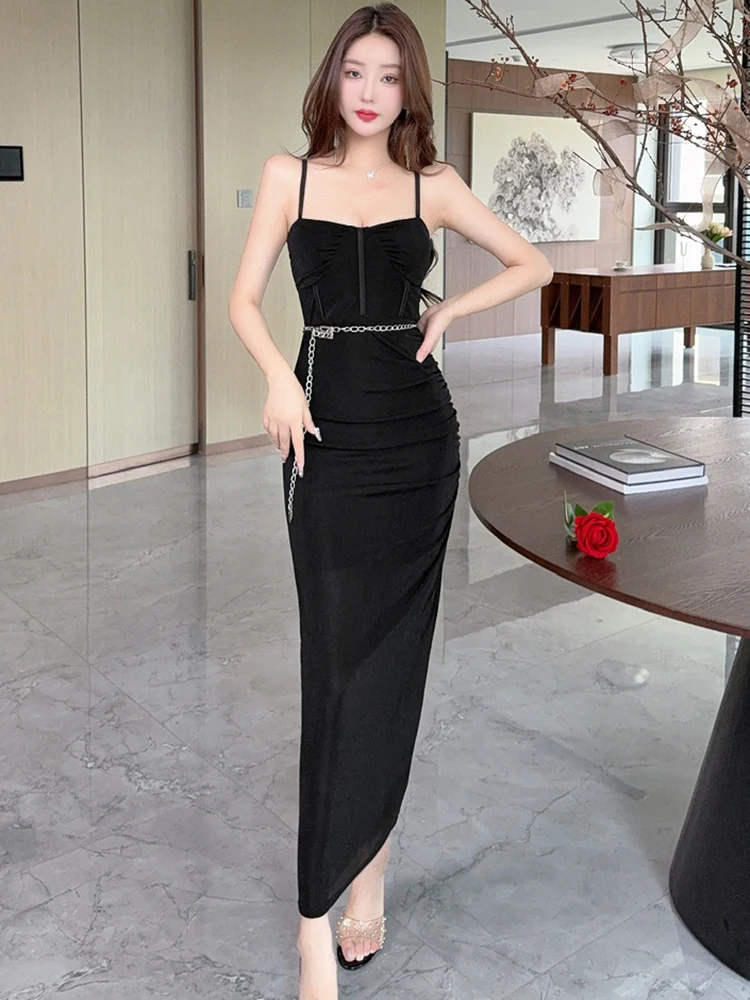 Verão vermelho malha corrente bandagem vestido longo feminino bodycon sexy estilingue vestido 2025 coreano vintage luxo festival festa vestido de noite