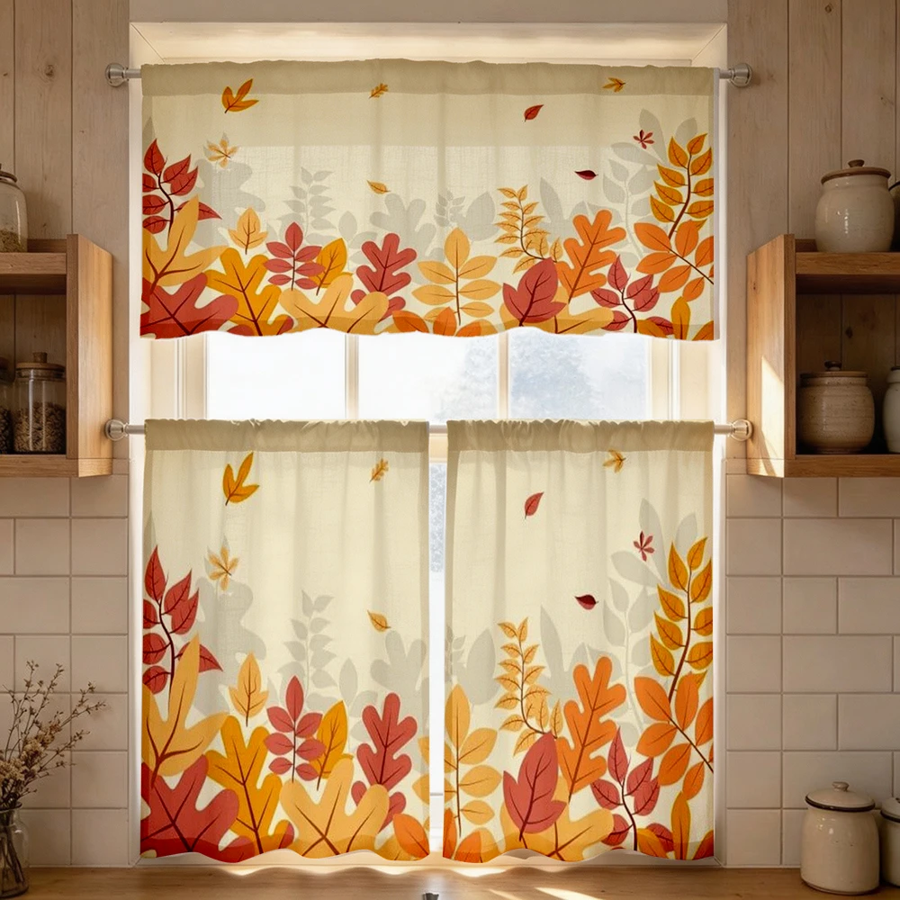 Fall Kitchen Curtains, Autumn Leaf Corner Border, Digital Print, Kitchen Dining Room, Rod Pocket Polyester, Home Decor