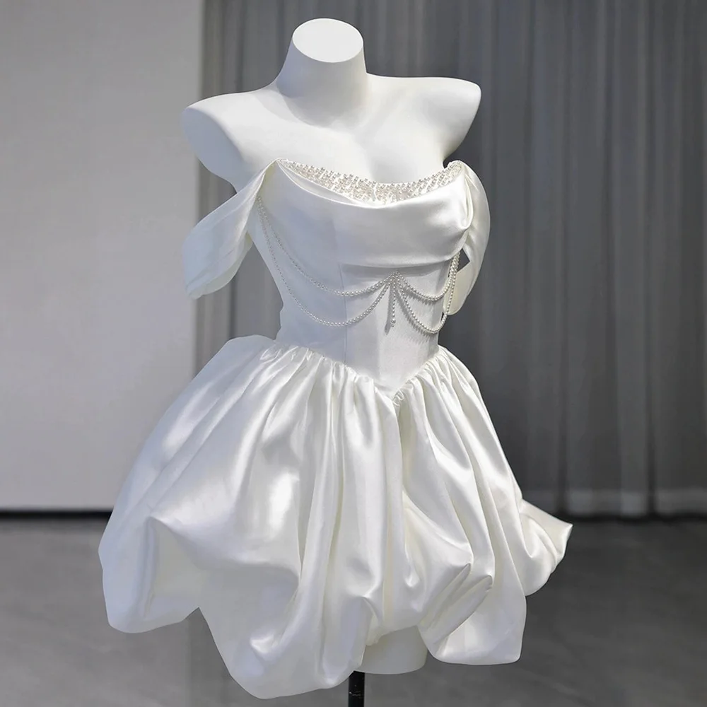 Korea Mini Short Wedding Party Dresses Wedding Photoshoot Strapless Beaded Taffeta Bolero Bride Gowns Corset Back Customized