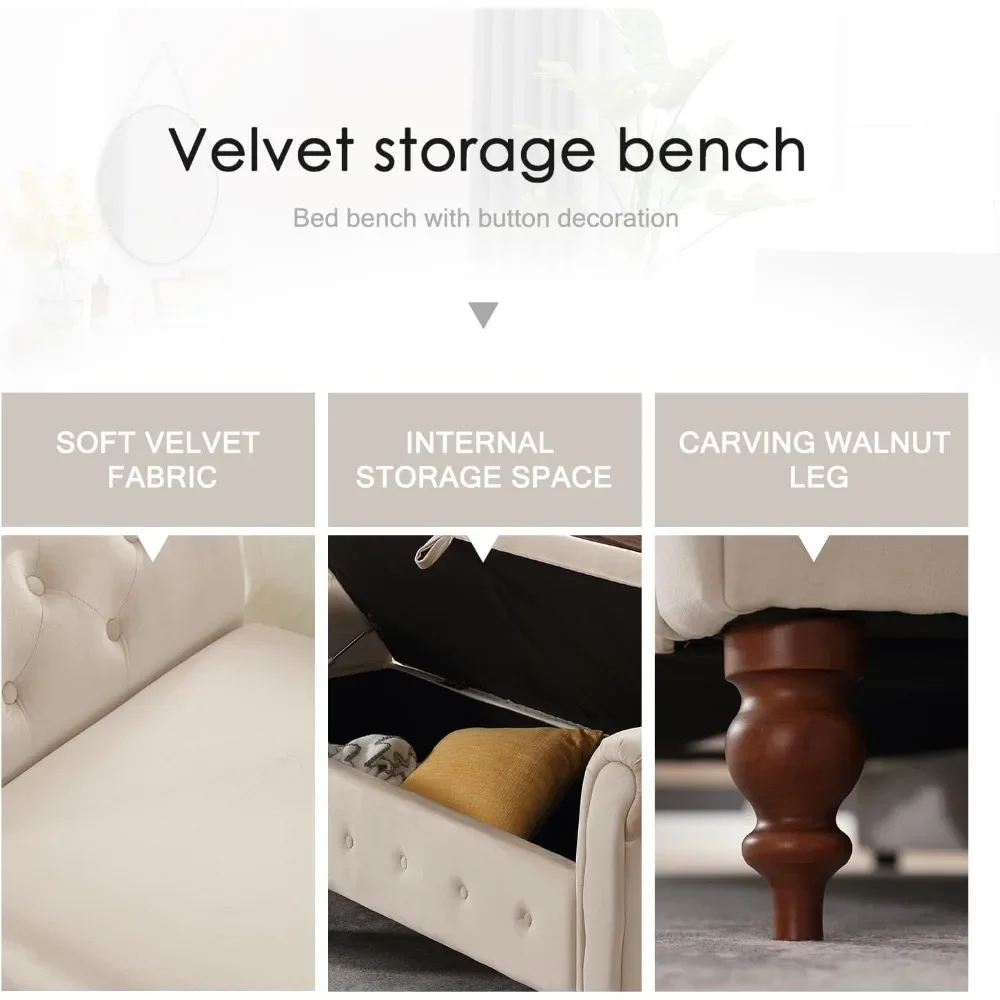 63'' Ottomane-Bank mit Stauraum für Schlafzimmer, Bettbank mit Armlehnen, Samt-Aufbewahrungsbank mit Knopf für den Eingangsbereich