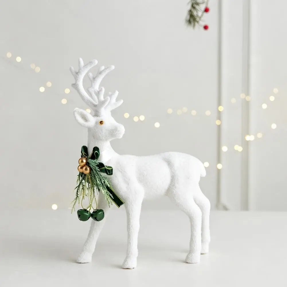 Decorative Window Display Accents White Flocked Elk Ornament with Ribbon Bell 3d Standing Deer Figurine Holiday Home for Shops