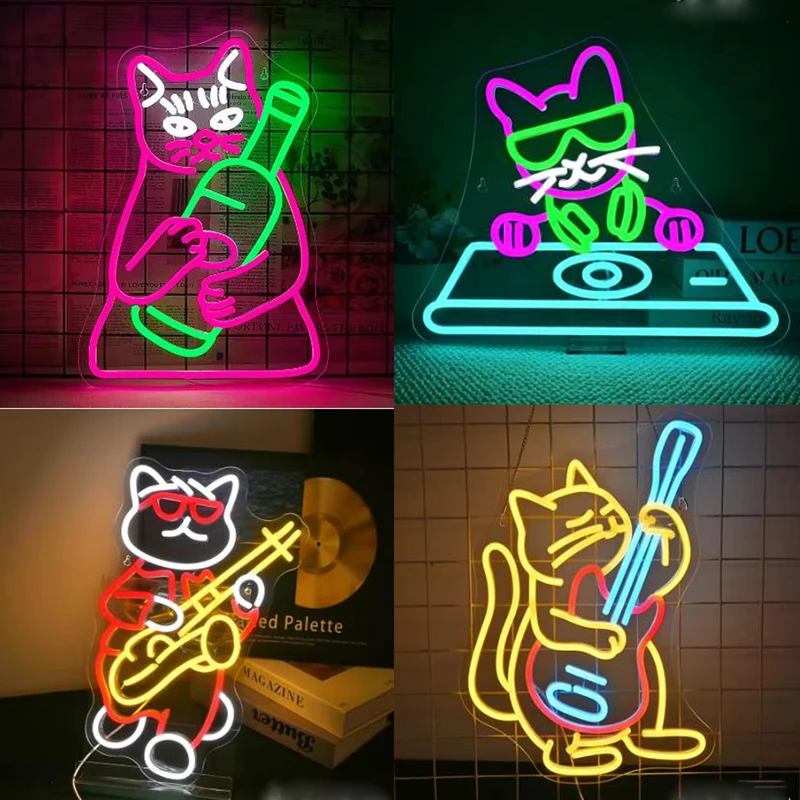 DJ Cat Neon Led Sign Creative Wall Light Up Sign Cool Room Decoration For Bedroom Music Bar Club Dance Party Dimmable USB Lamp