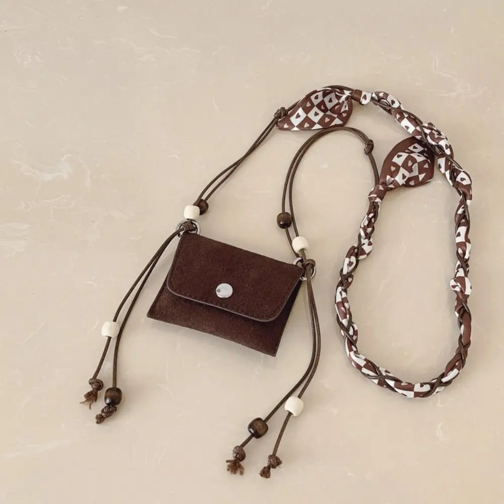 Creative Silk Scarf Suede Crossbody Bag Beads Pu Leather Hanging Neck Bag Small Purse Shoulder Pouch Earphone Bag Autumn Winter
