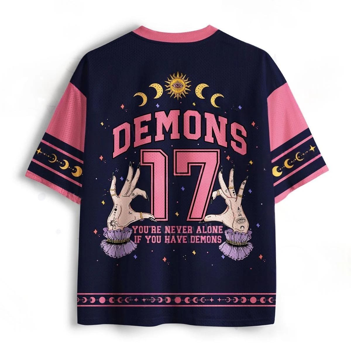 Demons Number 17 Football Jersey Moon Sun Witch Hand Pink Purple Gothic Street Sports Tee