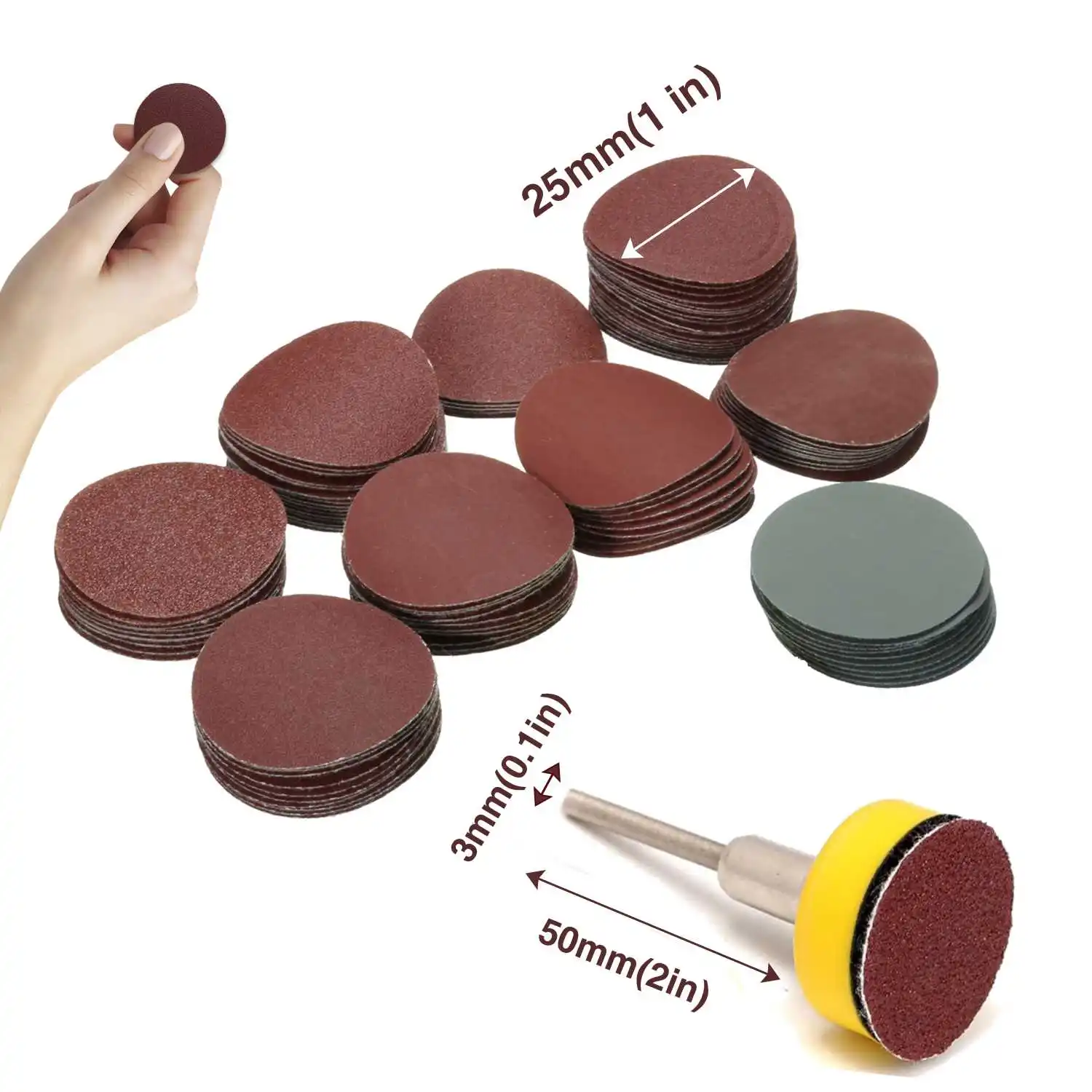 100Pcs 25mm/1 zoll Schleifen Disc + Loop Schleifen Pad 1 zoll + 1/8 zoll schaft Schleifmittel Loop Backer Schleifpapier Gemischt Polieren Set