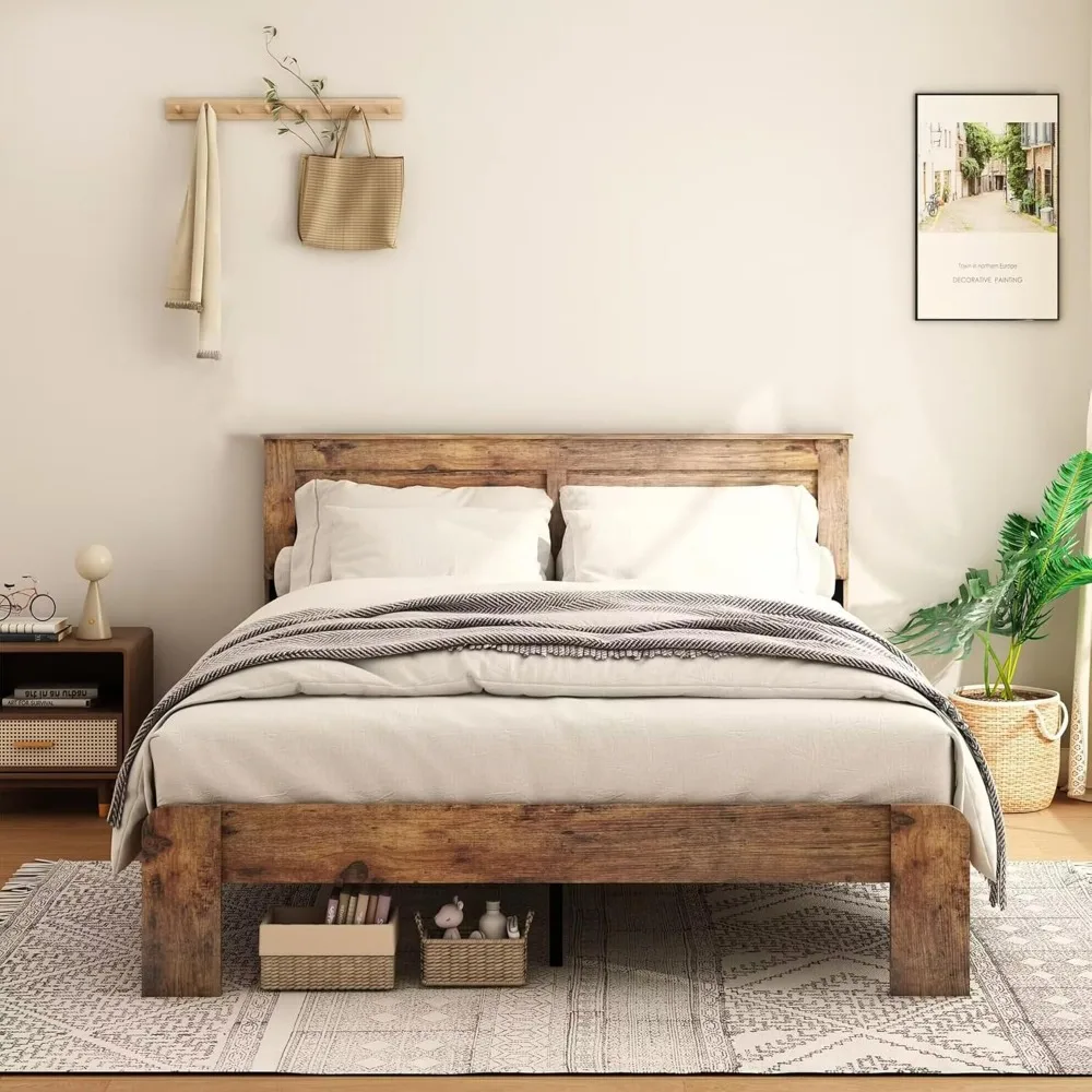with Wood Headboard and Footboard, 12 Wood Slats Support, No Box Spring N King Size Bed Frame, Rustic Vintage Platform Bed Frame