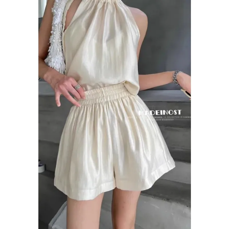 Women's High-End Shiny Satin Shorts Elastic Waist Loose Casual Wide Leg Shorts for Summer