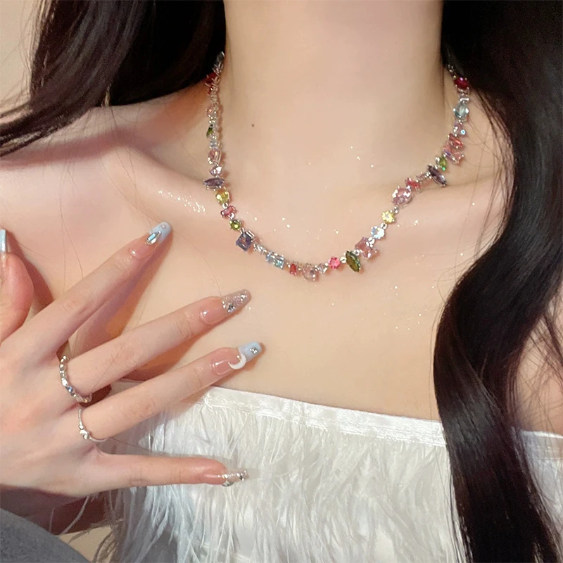 Sweet Cool Candy Colored Crystal Rainbow Zircon Necklace Geometric Clavicle Chains For Women Fashion Jewelry