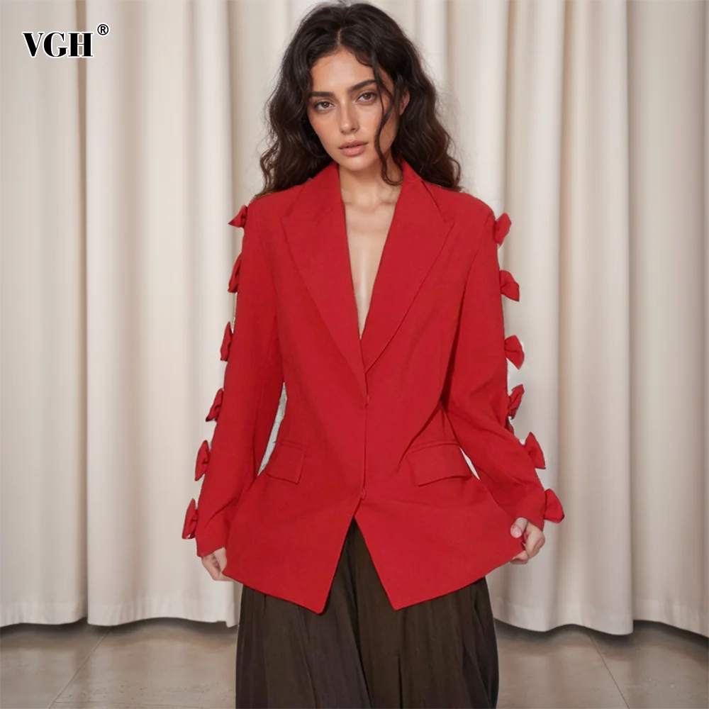 VGH Red Casual Patchwork Bowknot Jacket For Women Notched Collar Long Sleeve Elegant Blazers Female Fashion New Clothing 2024