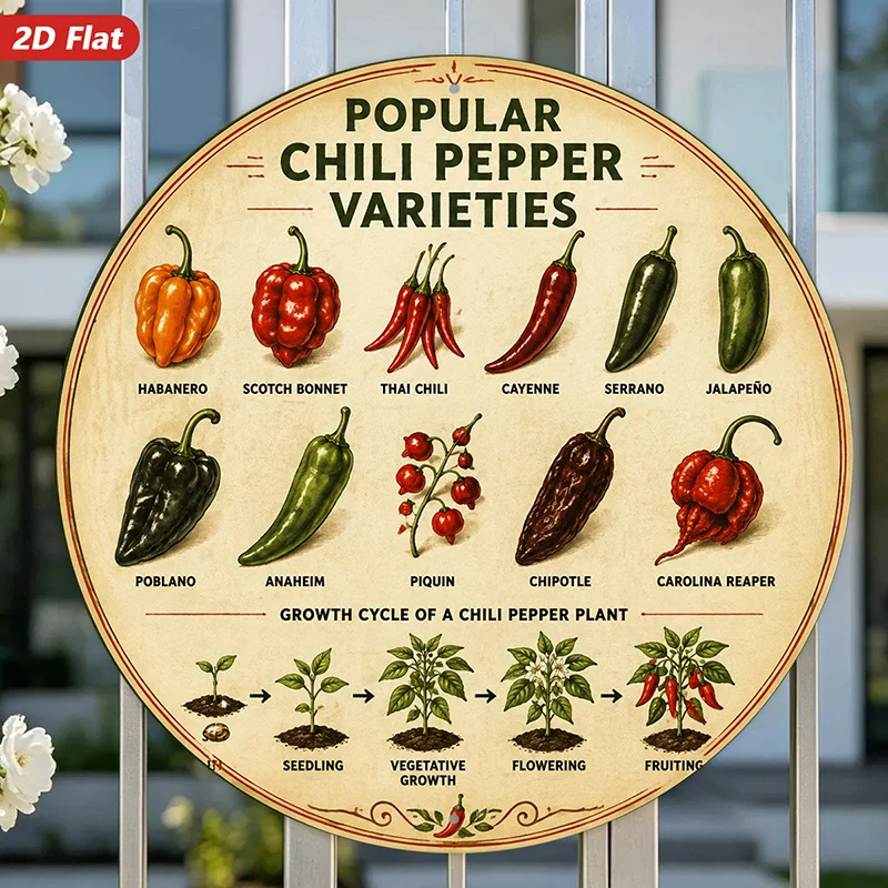 2D Flat, 1pc Chili Pepper Chart Round Metal Sign Wall Art, Habanero Scotch Bonnet Thai Chili Cayenne Labels, Home Decor, Perfect