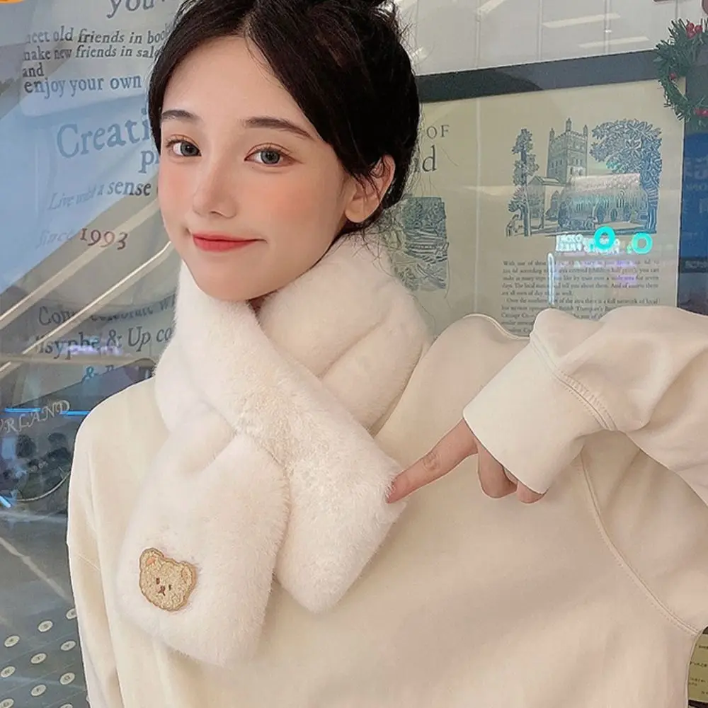 Women Winter Warm Thicken Cross Collar Scarf Cute Bear Solid Color Faux Rabbit Fur Plush Elegant Shawl Scarfs