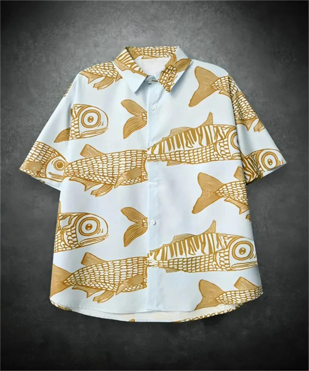 2025 new street style fashion fish 3D printing new personality men's summer casual shirt four-sided stretch short-sleeved shirt