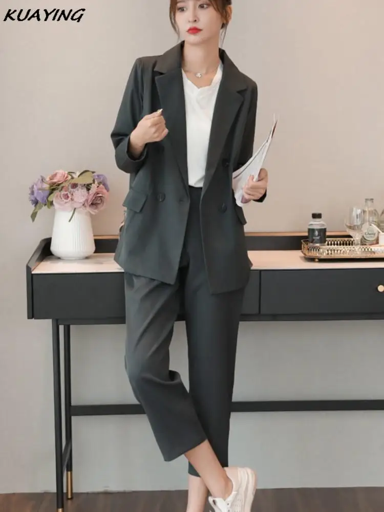 Women Elegant Blazer Slim Pencil Pantsuits Autumn Fashion Ankle-Length Solid Female Bussiness Work Clothes Two Piece Suit