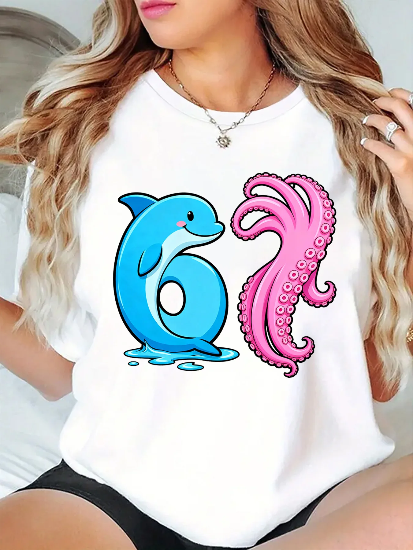 Number 62 Dolphin Pink Octopus Tentacle Ocean Sea Art Graphic Womens T Shirt Short Sleeve Crew Neck Daily Casual Ladies Tee Tops