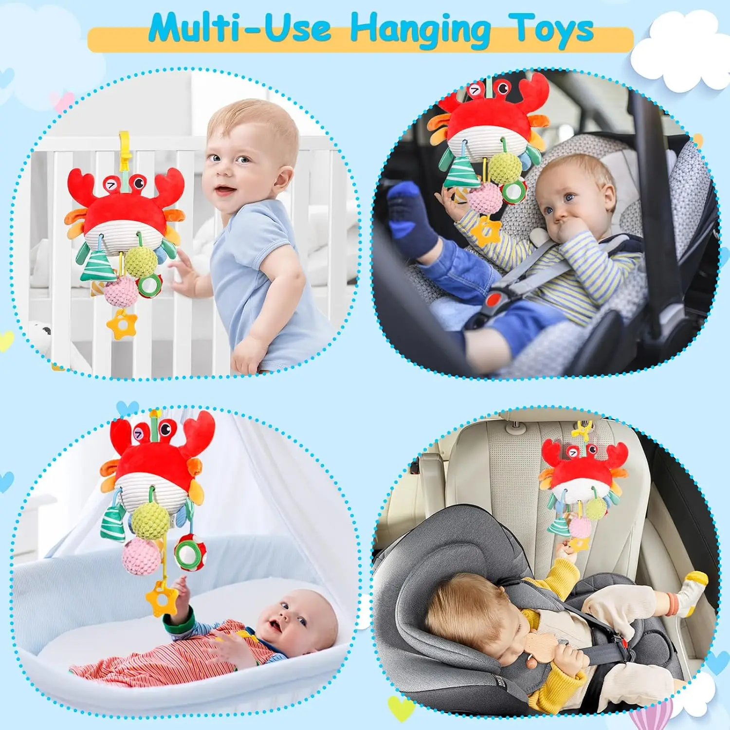 자동차 시트 유모차 장난감 0-6개월 아기용 게 모양 유아 신생아 유모차 장난감 비프 소리 거울 작은 벨 아기 치발기