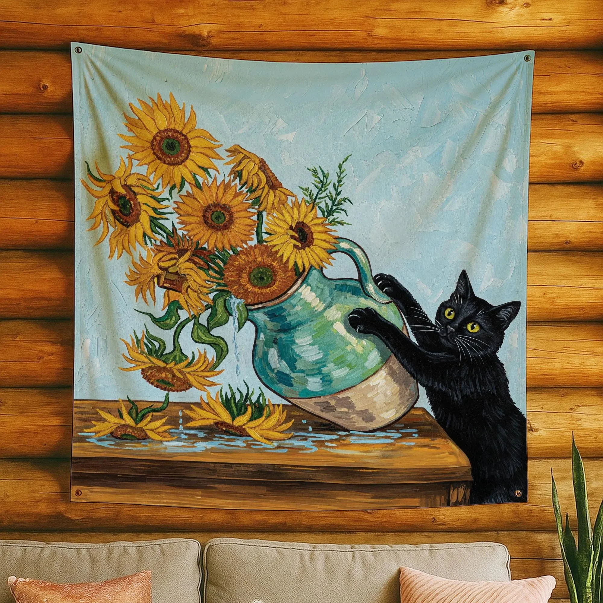 Funny Black Cat Tapestry, Sunflower Art Parody, Whimsical Boho Wall Decor for Bedroom & Living Room