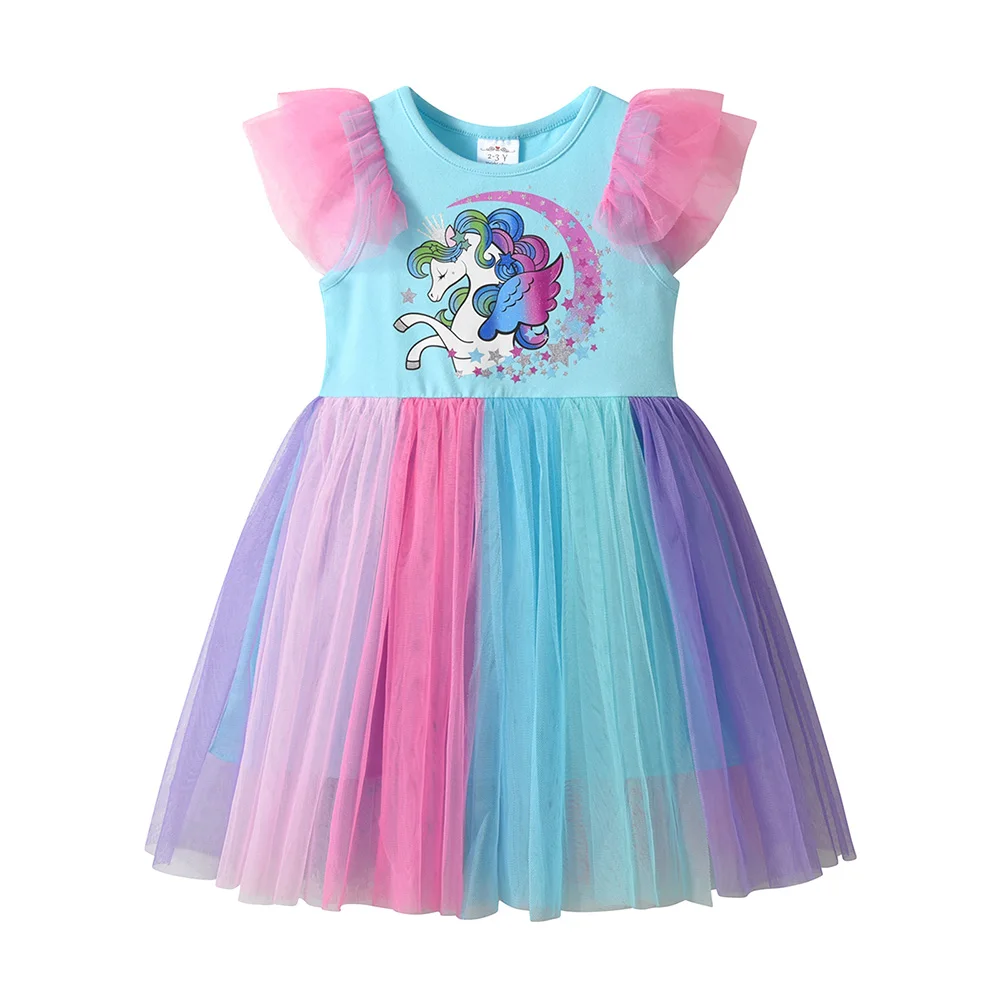 VIKITA Kleinkinder-Kleid mit Einhorn-Stern-Print, bunt, Regenbogen, Rüschenärmel, Geburtstagsfeier, Prinzessinnenparty, Freizeitkostüme – Detail 2