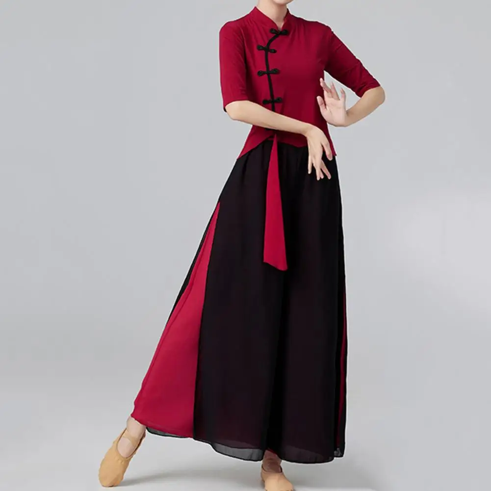 2Pcs/Set Women Dance Practice Outfit Qipao Collar Half Sleeve Tops High Waist Wide Leg Long Pants Splicing Color Dance Outfit