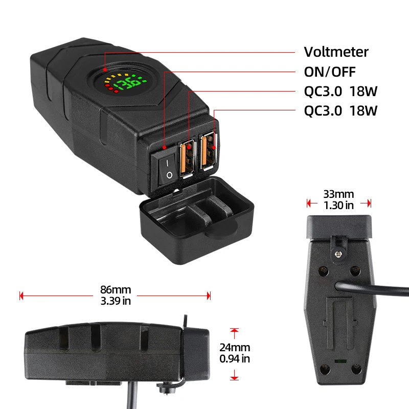 Adaptador USB QC de 36W, cargador impermeable para motocicleta, cc 12V-24V con pantalla LED e interruptor de encendido/apagado, Cable de 1,5 M para