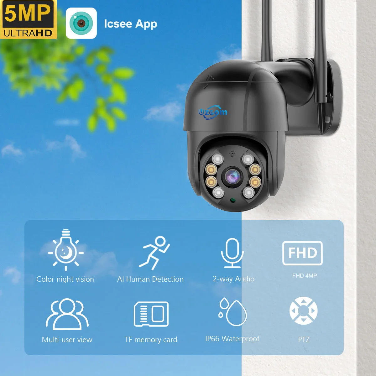 Uzoom 5MP IP Outdoor WiFi Camera Surveillance Security CCTV PTZ Camera HD 1080P Wireless AI Tracking Onvif iCsee