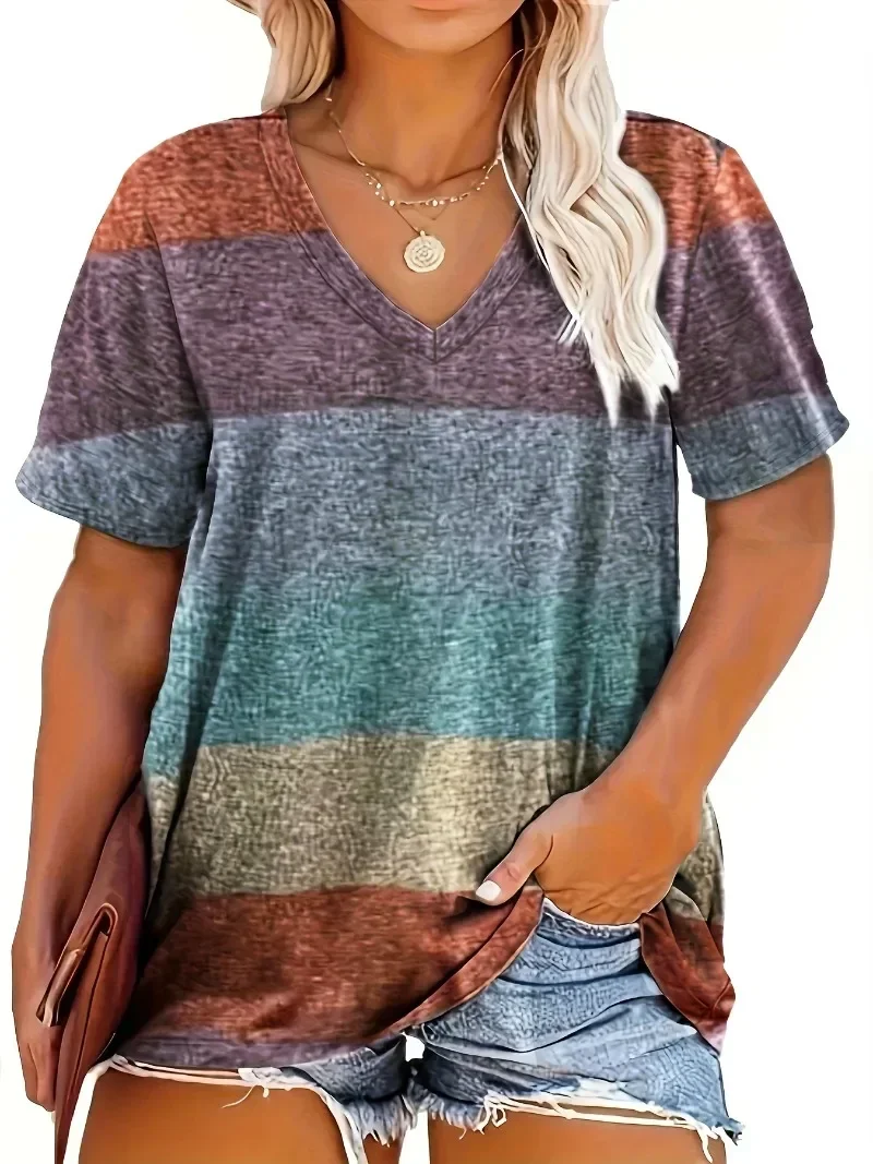 

Plus Size 0XL-5XL Women's Fashion Striped Print V-Neck T-Shirt Casual Loose Short Sleeve Summer Tops