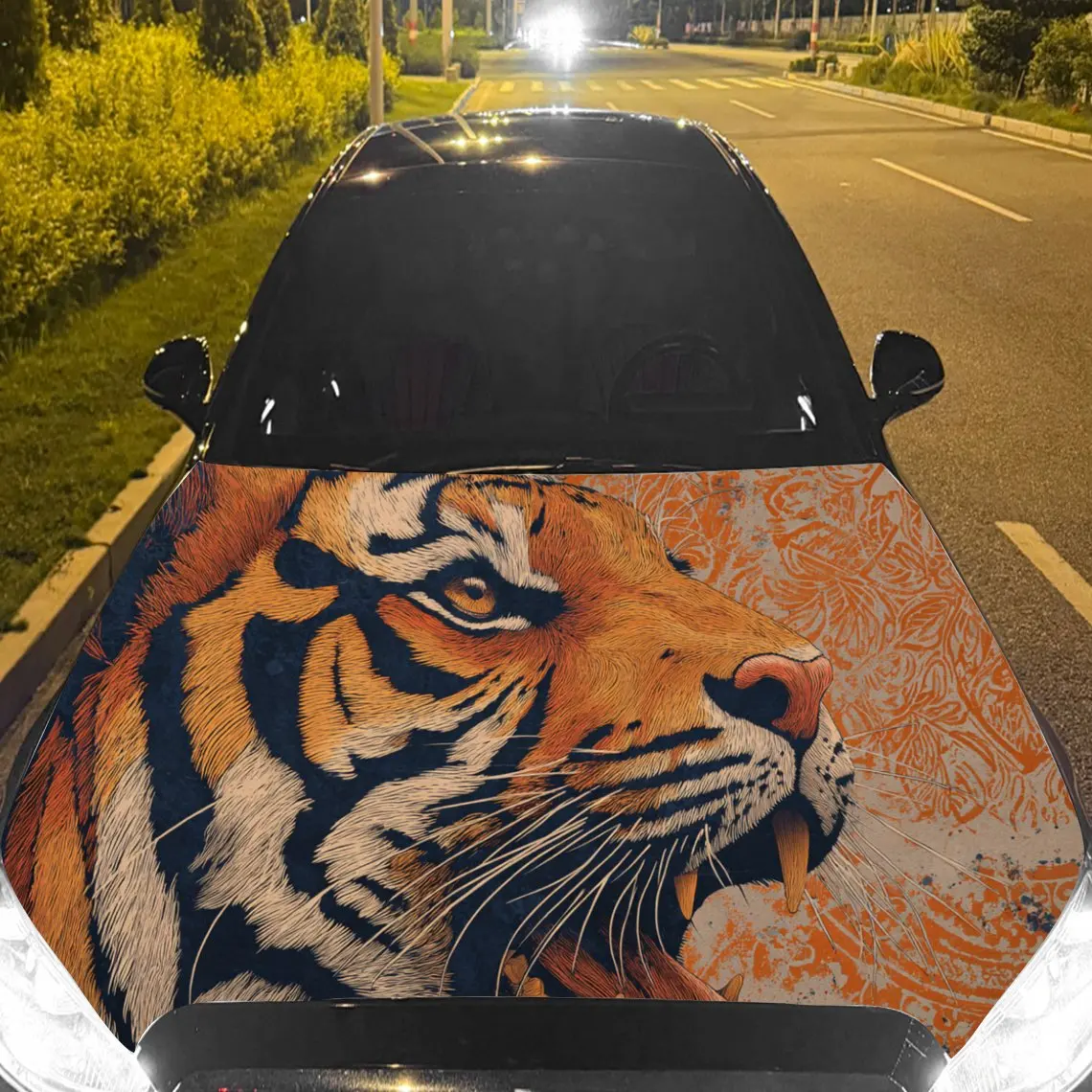 Car Decal Tiger with Artistic Patterned Background - Wild Stylish Aesthetic Car Hood Sticker, Waterproof Self - Adhesive PVC Gra