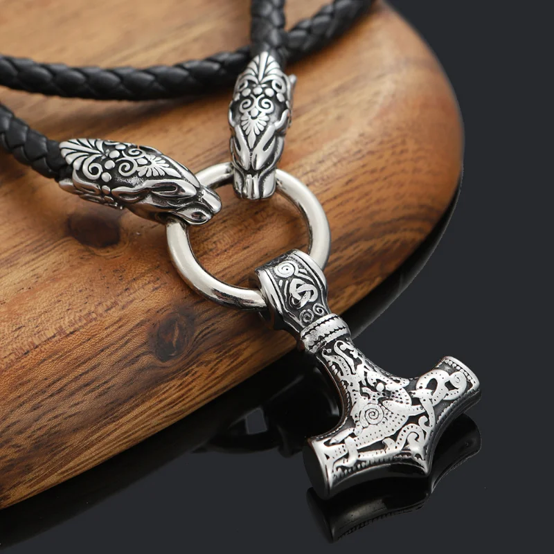 New High Quality Nordic Men\'s Thor Hammer Pendant Necklace Leopard Head Necklace Men\'s Jewelry Gift