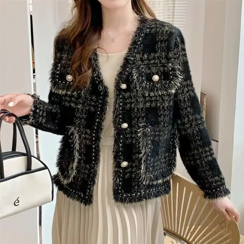 Autumn New Tweed Style V-Neck Fringed Jacket Women's Knit Sweater Cardigan Anti-Mink Top For Stylish Ladies