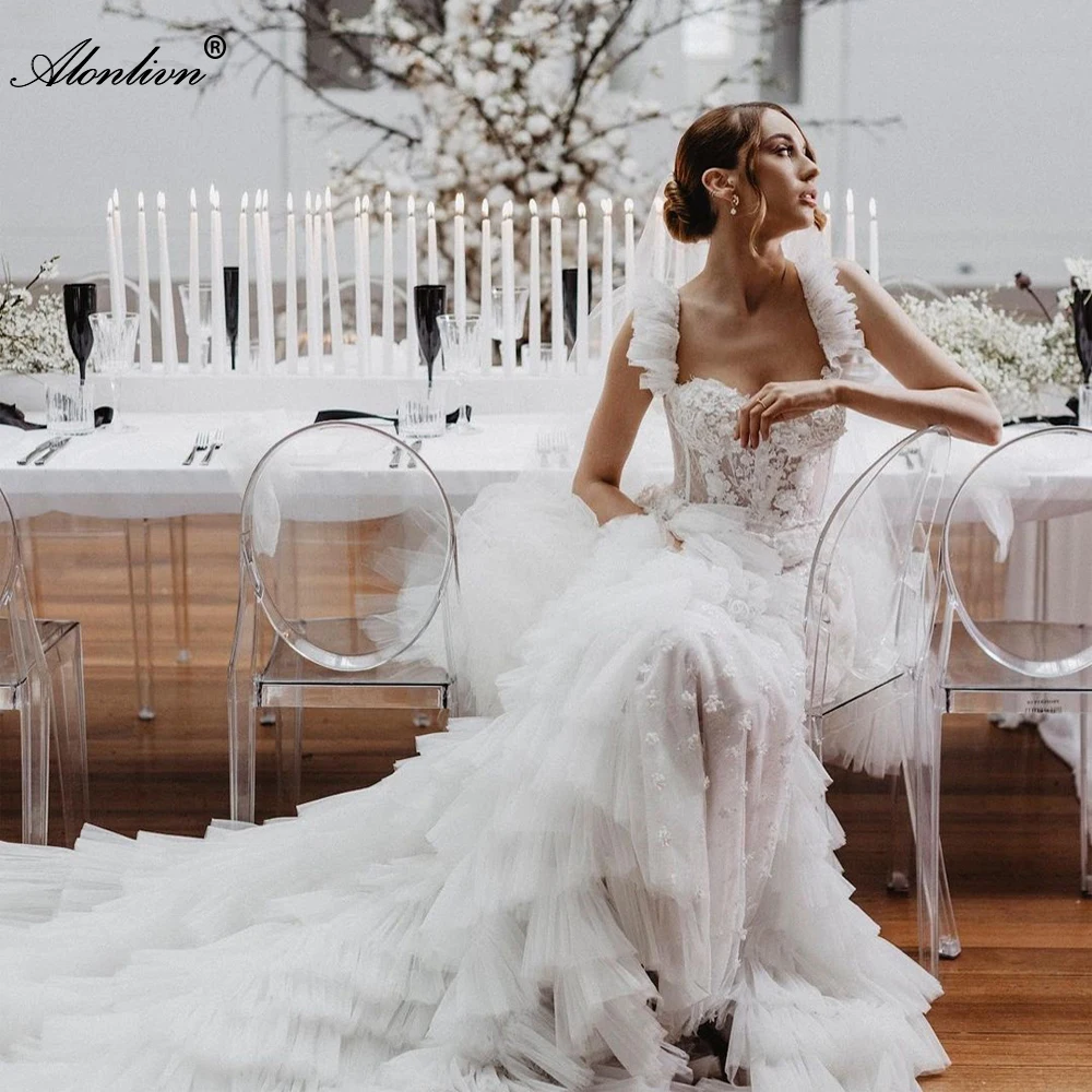 

Alonlivn Delicate Ruffled Tiered Removable Train Mermaid Wedding Dress Beading Appliques Off Shoulder Sleeve 2 In 1 Bridal Gowns