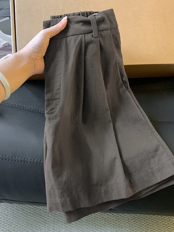 Retro Washed Coffee Color Suit Short Pants Women's Summer New Loose High Waist Slimming Wide Leg Five-Point Pants