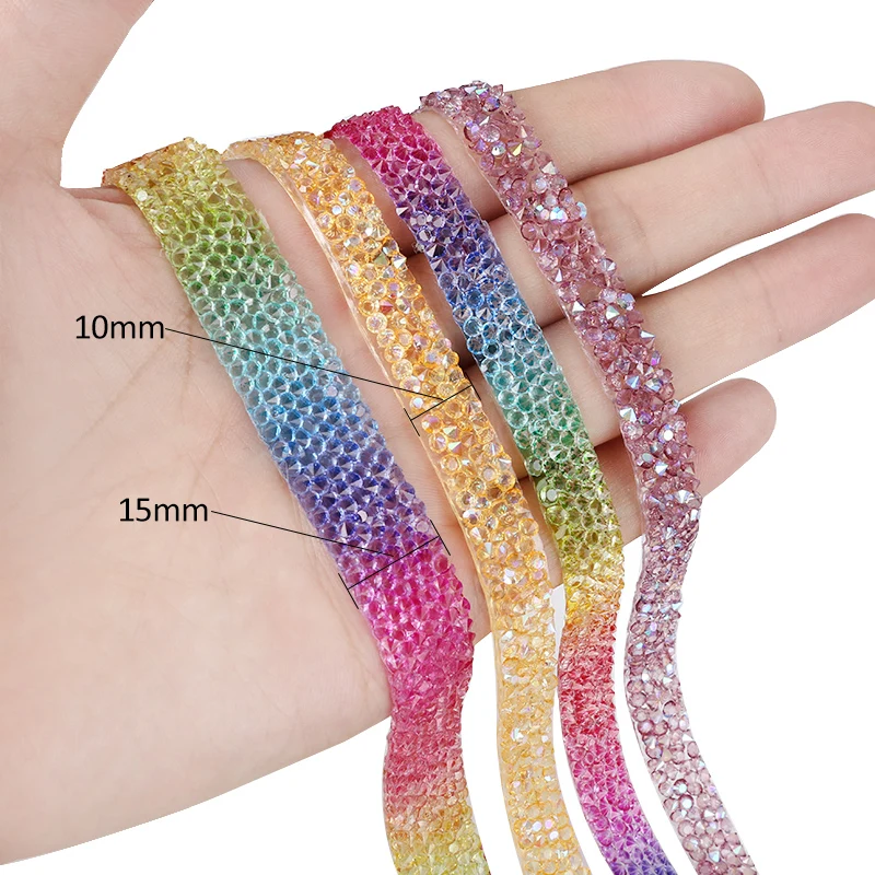 QIAO Colorful Rhinestone Ribbons 10/15mm Glitter Crystal Trimmings Hotfix Strass Tapes DIY Art Decorations Rhinestones Applique