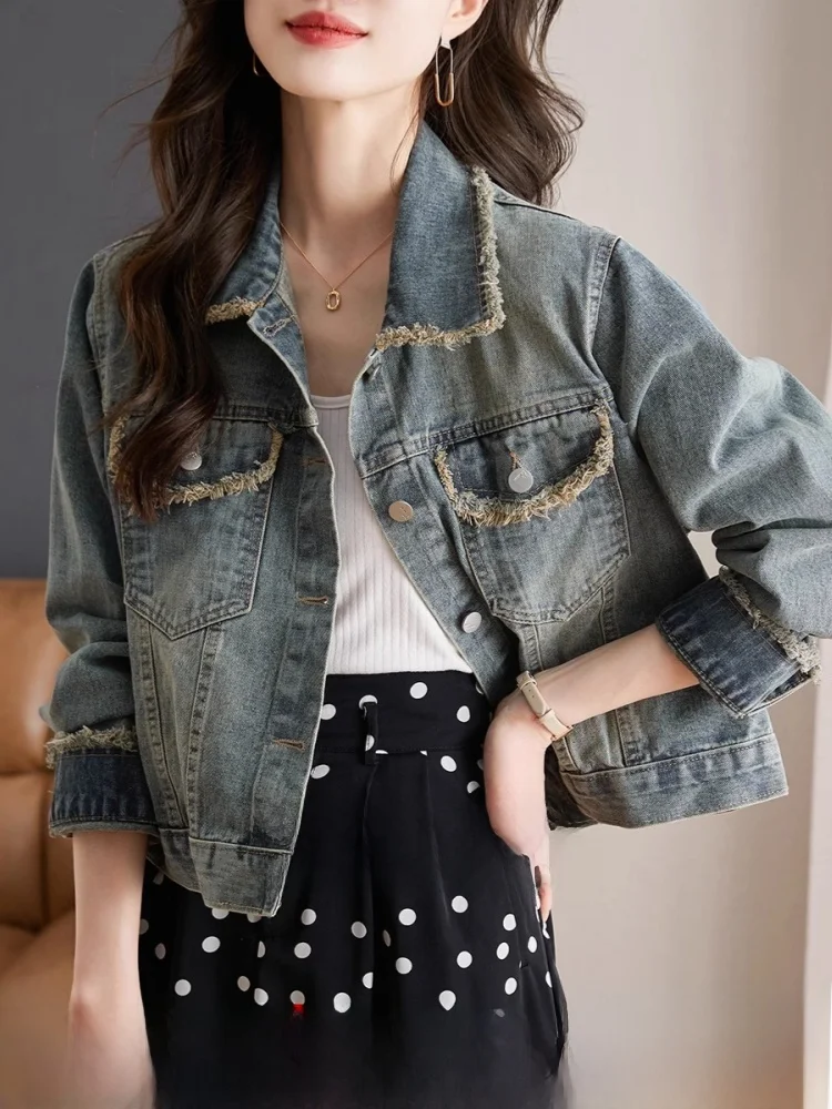 

Retro Hem ort Denim Jaet Women's Casual Spring Autumn Jaet Straight Cut Long Sve Button Closure Pure Color