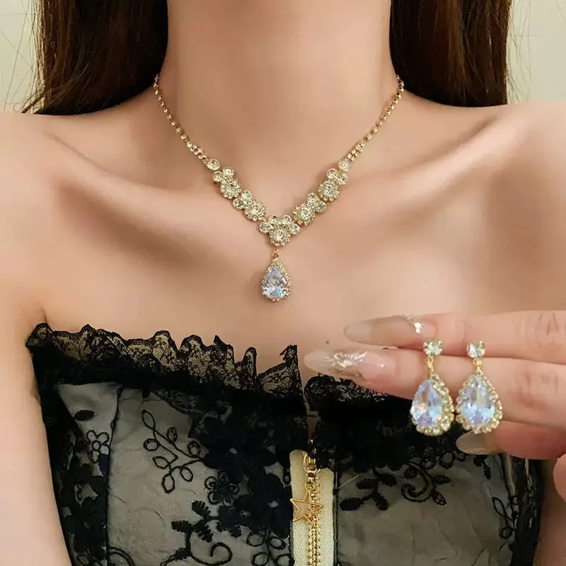 Diamond Zircon Geometric Necklace Earrings Set Light Luxury Alloy Cross-Border Clavicle Chain High-End Fashion Jewelry