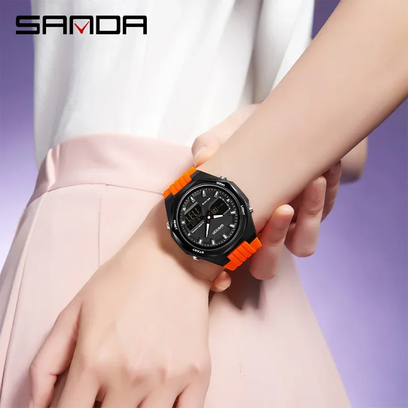 SANDA 더블 디스플레이 스포츠 시계 남자 빛나는 다기능 방수 여성 손목 시계 야외 실행 학생 알람 시계