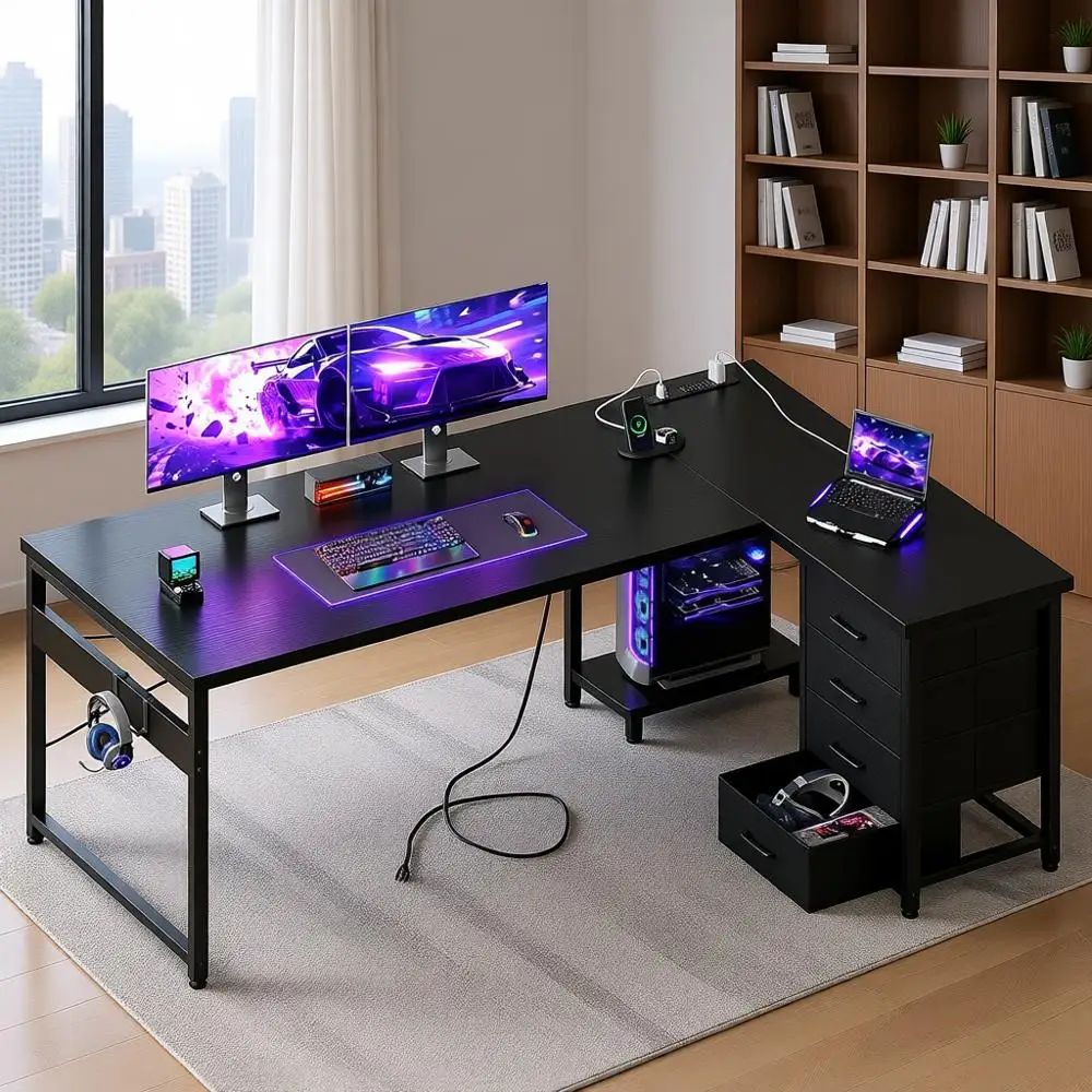 

Игровой стол L-образной формы с 4 ящиками, 61 см, реверсивный офисный стол, порт USB для зарядки, система организации кабелей, простая сборка, черный