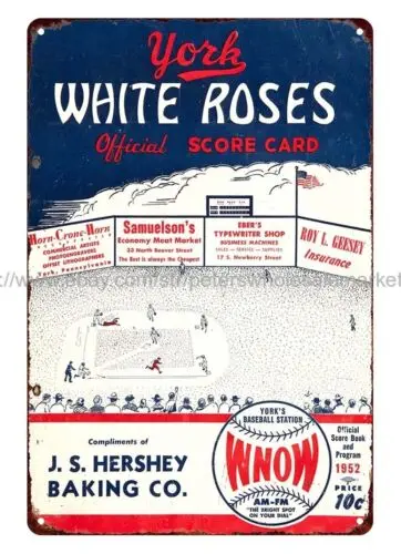 1952 baseball  and York White Roses scorecard metal tin sign