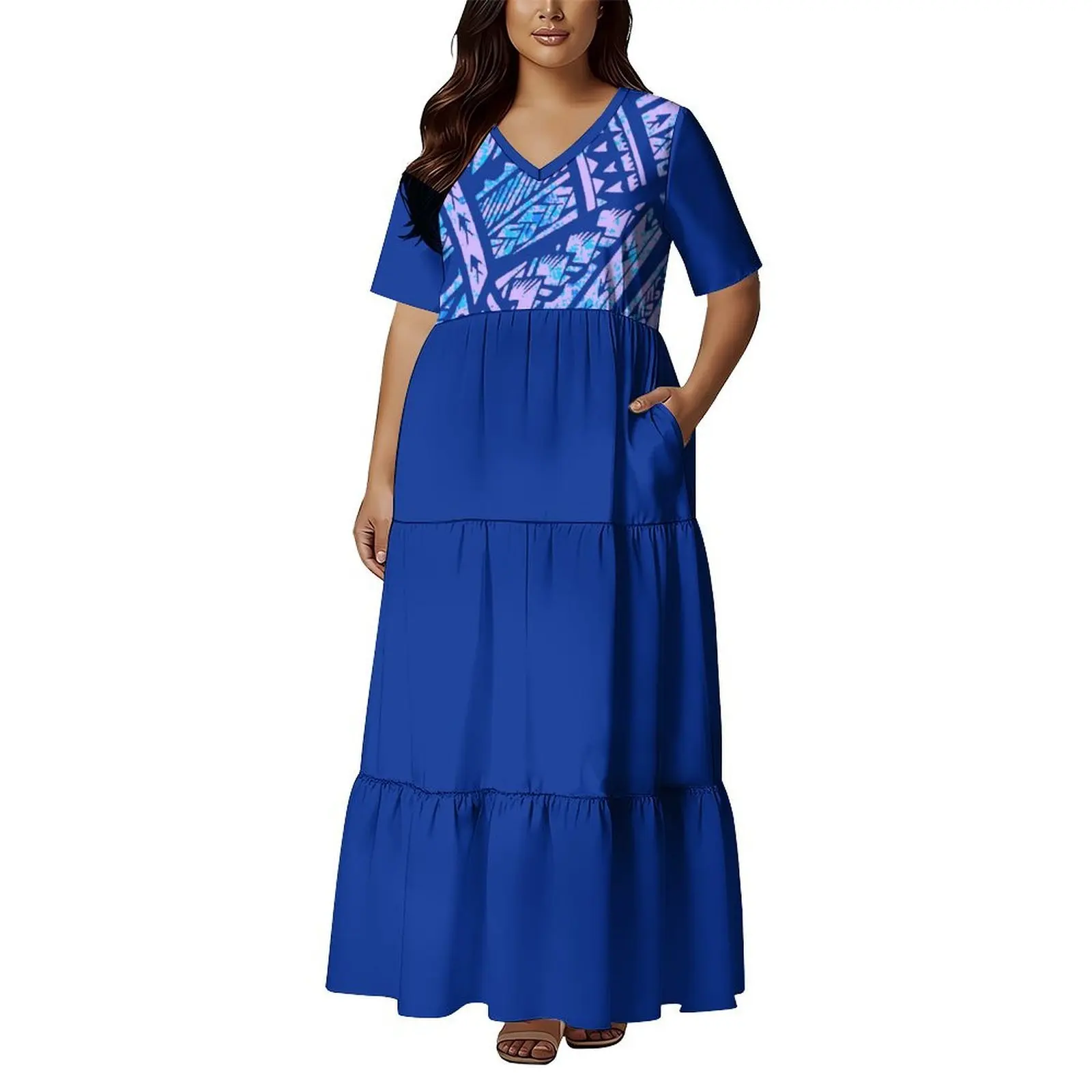 

White Sunday Lady Ruffle Tiered Design Casual Dress Custom Hawai Polynesian Women Short Sleeve With Pocket Summer Beach Dress