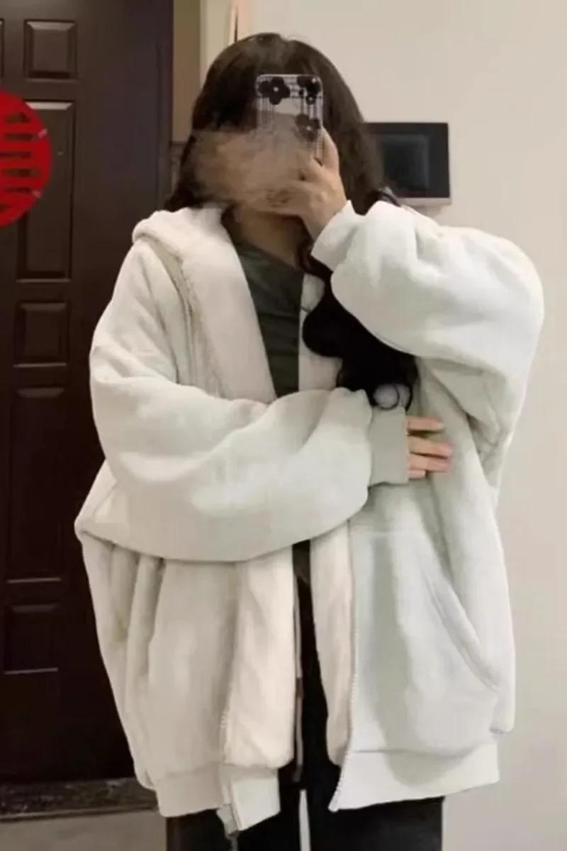 Korean Casual Zip Up Oversized Hoodies For Women Winter Harajuku Warm Fleece Thicken Hooded Sweatshirt Streetwear Y2k Tops