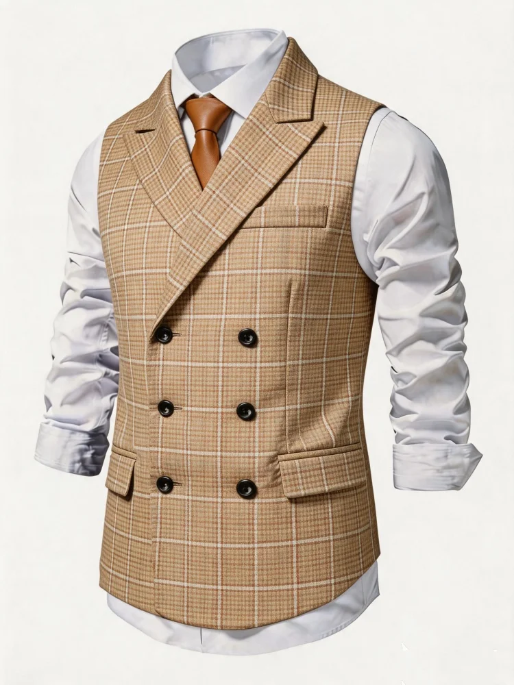 Chaleco Elegante para Hombre, Corte Entallado, Diseño a Cuadros Camel, Doble Botonadura, Estilo Formal Británico