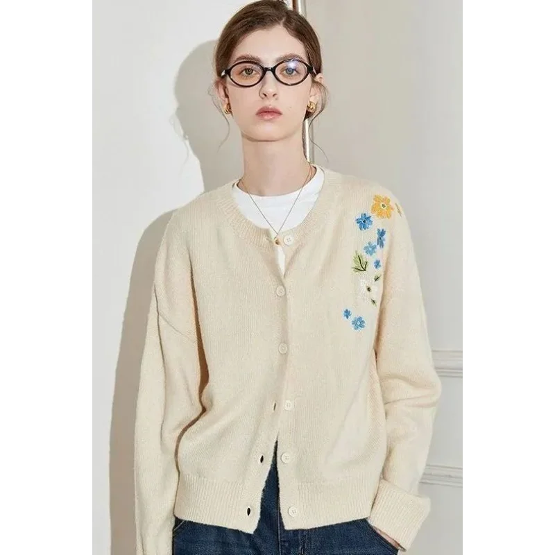 

All-match Round Neck Korean Flower Embroidered Sweater Cardigan Jacket Top
