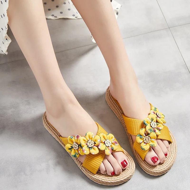 

Women Flower Cross Strap Espadrilles Slippers Open Toe Anti-slip Beach Flat Slides Women Footwear Sandalias De Mujer Verano 2024