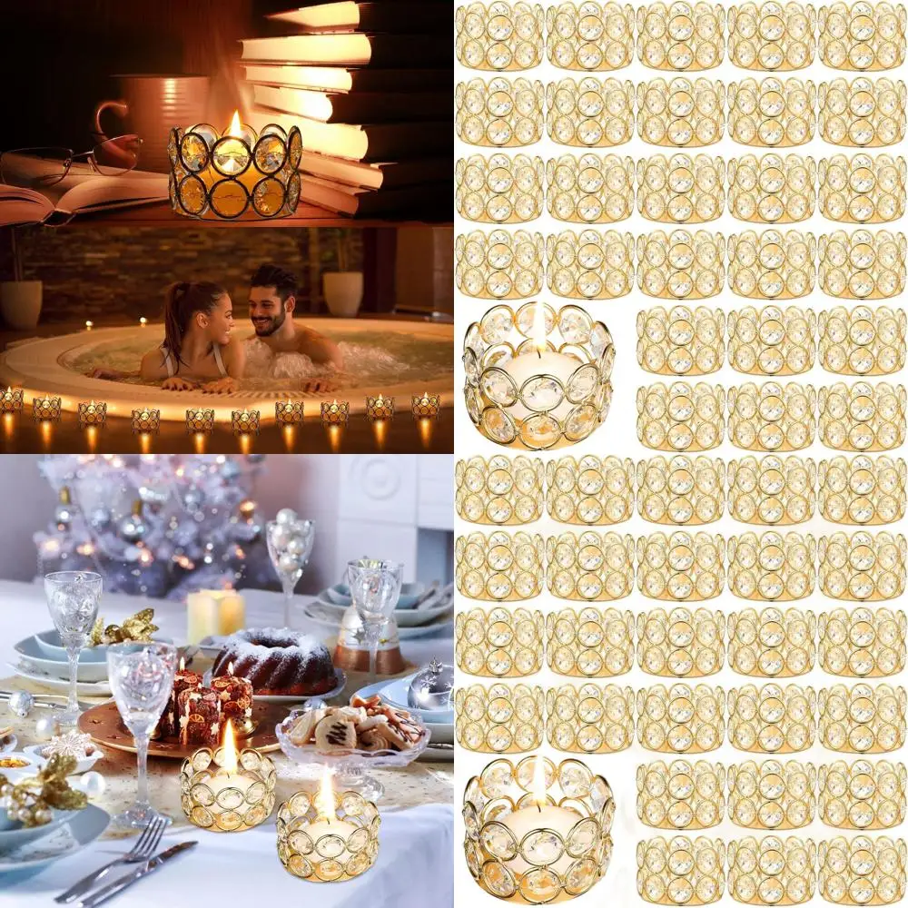 

Gold Crystal Tealight Candle Holders, Set of 30, Votive Stands with Diamond Pattern for Weddings, Parties, and Home Decoration
