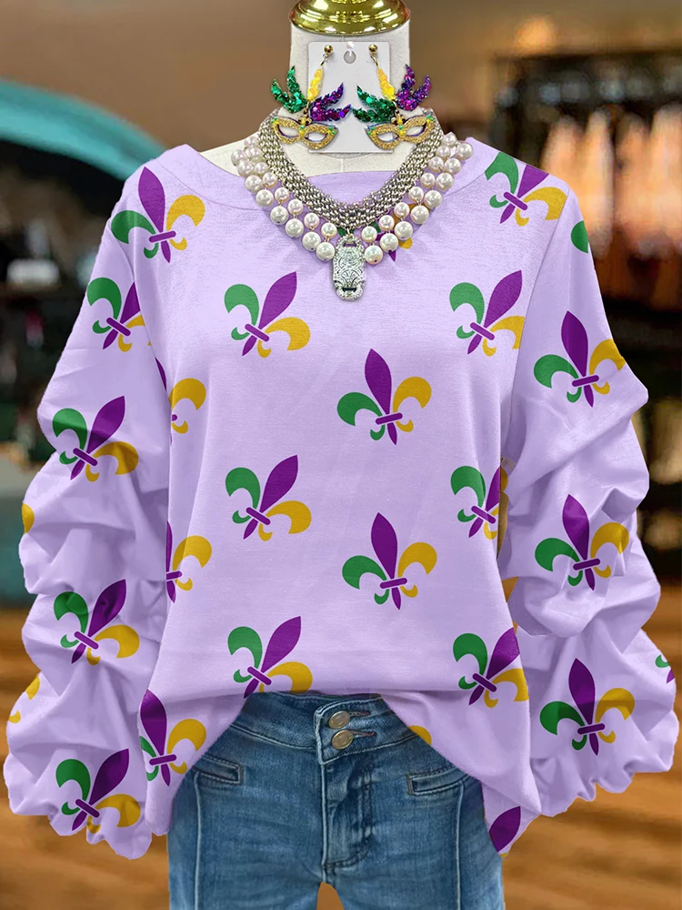 Classic Mardi Gras Print Pleated Sweatshirt