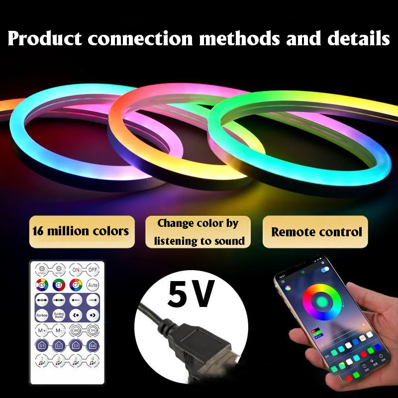 

Neon LED Strip Lights 5V Silicone DIY Neon Rope Light With Wifi Bluetooth App Control Music Sync RGB Strip Tape Room Decoration
