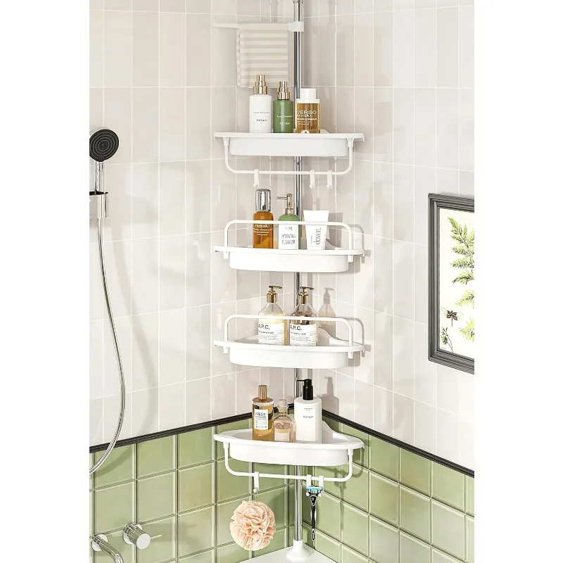 Rustproof Shower Caddy Corner for Bathroom, Tension Pole, Solid Organizer with 4 Adjustable Shelves, Rack Fit Heights