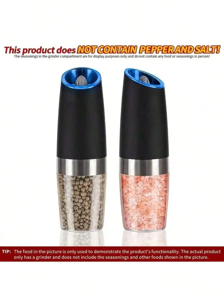2 Pack Electric Salt and Pepper Grinder Set, One Hand Automatic Gravity Mill with Adjustable Coarseness, LED Light Battery Powered Stainless Steel Spice Grinder for Home Kitchen Dining BBQ